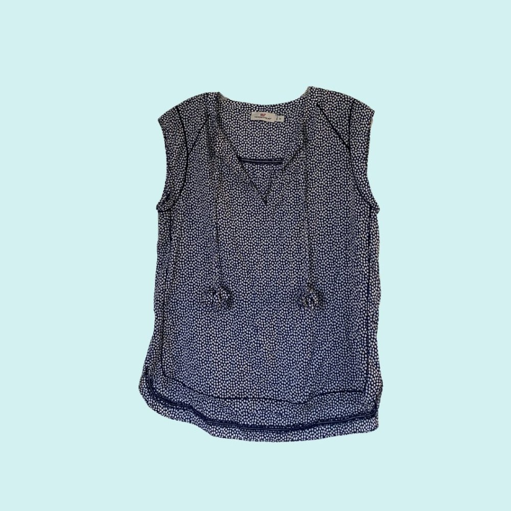 VINEYARD VINES Blue White Polka Dot Tassel Blouse